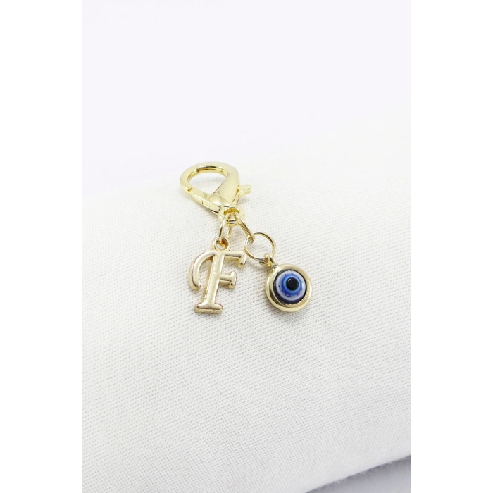 Metal F Harfi Nazar Boncuklu Klipsli Cüzdan Süsü Charm Gold Renkli Çanta Süsü