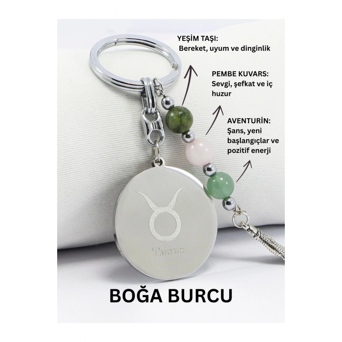 Boğa Burcu Doğal Taşlı Çelik Burç Anahtarlık, Pembe Kuvars, Yeşim ve Aventurin