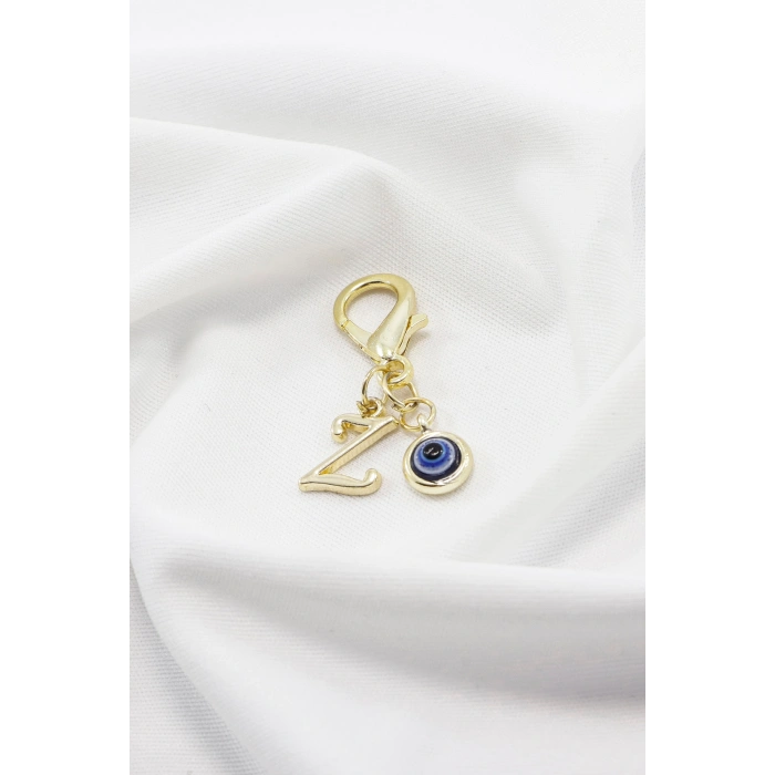 Metal Z Harfi Nazar Boncuklu Klipsli Cüzdan Süsü Charm Gold Renkli Çanta Süsü