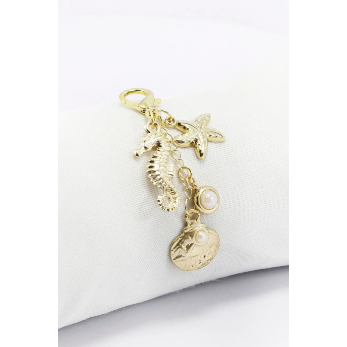 Denizatı, Deniz Yıldızı, Midye Figürlü Klipsli Cüzdan Çanta Süsü Charm Gold Renkli