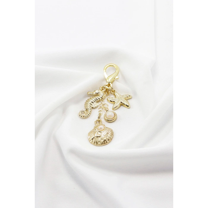 Denizatı, Deniz Yıldızı, Midye Figürlü Klipsli Cüzdan Çanta Süsü Charm Gold Renkli