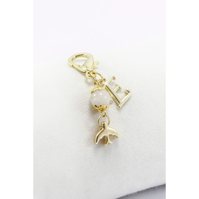 Metal E Harfi Minik Kırlangıç Doğal Taş Ay Taşı Klipsli Cüzdan Süsü Charm Gold Renkli Çanta, Fermuar Süsü
