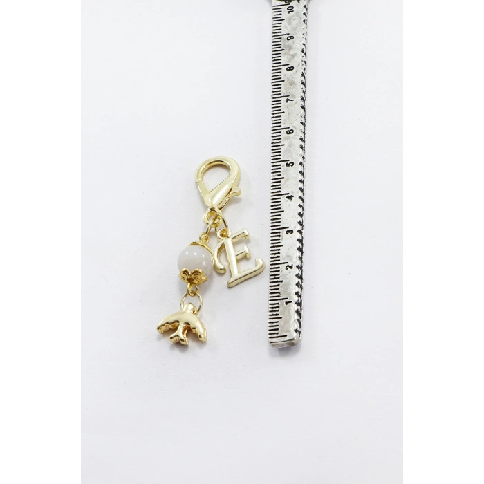 Metal E Harfi Minik Kırlangıç Doğal Taş Ay Taşı Klipsli Cüzdan Süsü Charm Gold Renkli Çanta, Fermuar Süsü