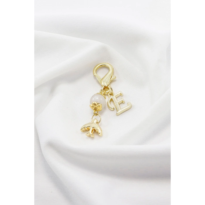 Metal E Harfi Minik Kırlangıç Doğal Taş Ay Taşı Klipsli Cüzdan Süsü Charm Gold Renkli Çanta, Fermuar Süsü