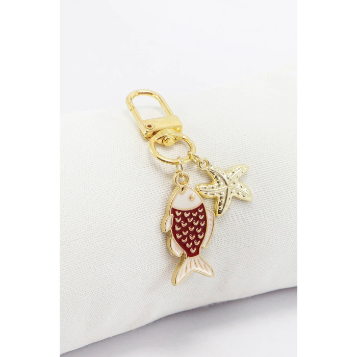 Kırmızı Balık Deniz Yıldızı Figürlü Klipsli Cüzdan Çanta Süsü Charm Gold Renkli