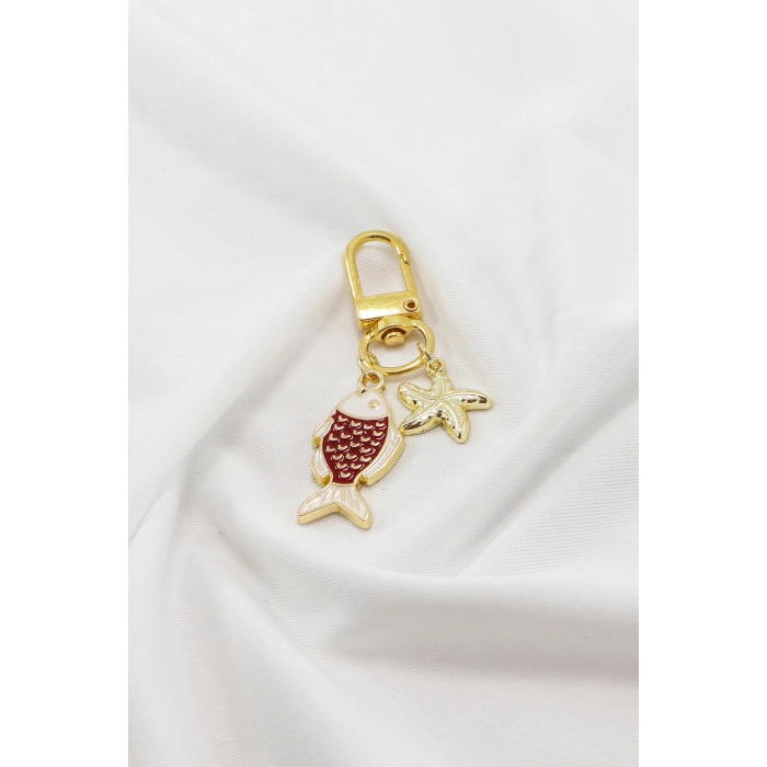 Kırmızı Balık Deniz Yıldızı Figürlü Klipsli Cüzdan Çanta Süsü Charm Gold Renkli