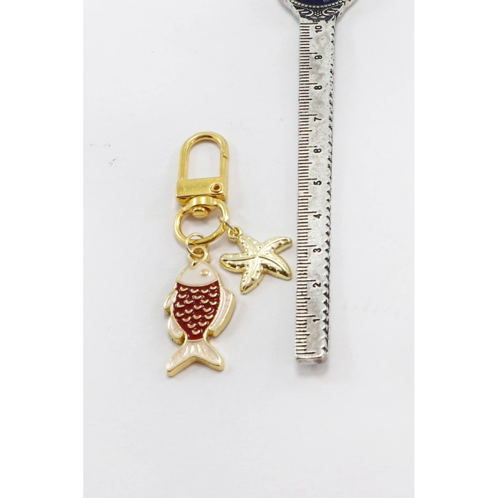 Kırmızı Balık Deniz Yıldızı Figürlü Klipsli Cüzdan Çanta Süsü Charm Gold Renkli