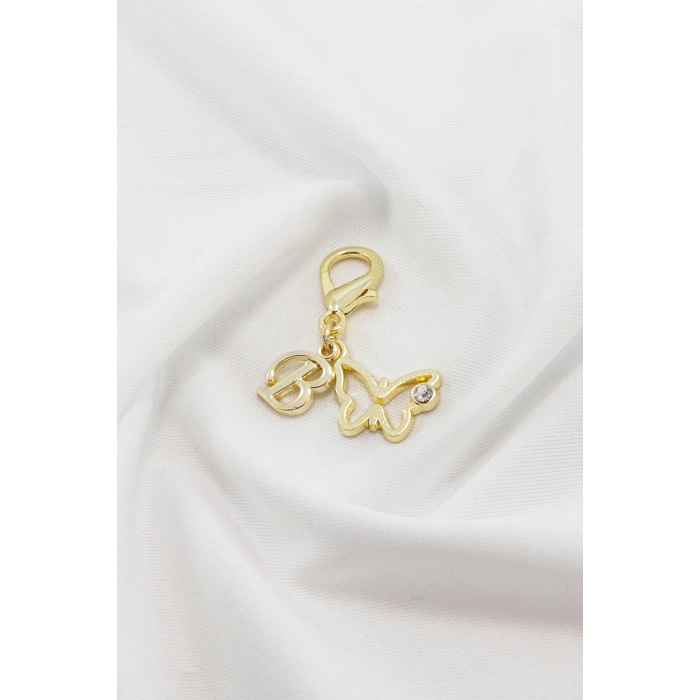 Metal B Harfi Taşlı Kelebek Klipsli Cüzdan Çanta Süsü Charm Gold Renkli