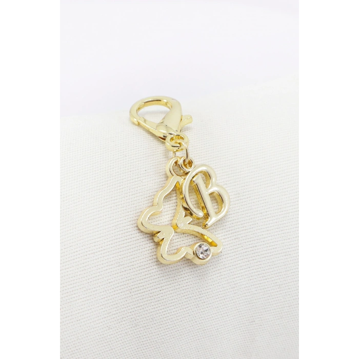Metal B Harfi Taşlı Kelebek Klipsli Cüzdan Çanta Süsü Charm Gold Renkli