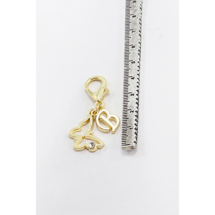 Metal B Harfi Taşlı Kelebek Klipsli Cüzdan Çanta Süsü Charm Gold Renkli