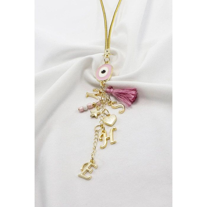 Pembe Nazar Boncuğu Gold Renkli Dört Harfli Püsküllü Araba Dikiz Ayna Süsü /Aile Araba Hediyesi