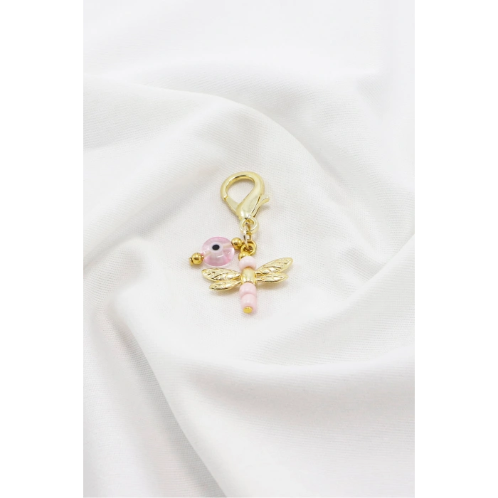 Pembe Boncuklu Yusufcuk El Yapımı Cam Nazar Boncuğu Klipsli Cüzdan Çanta Süsü Charm Gold Renkli