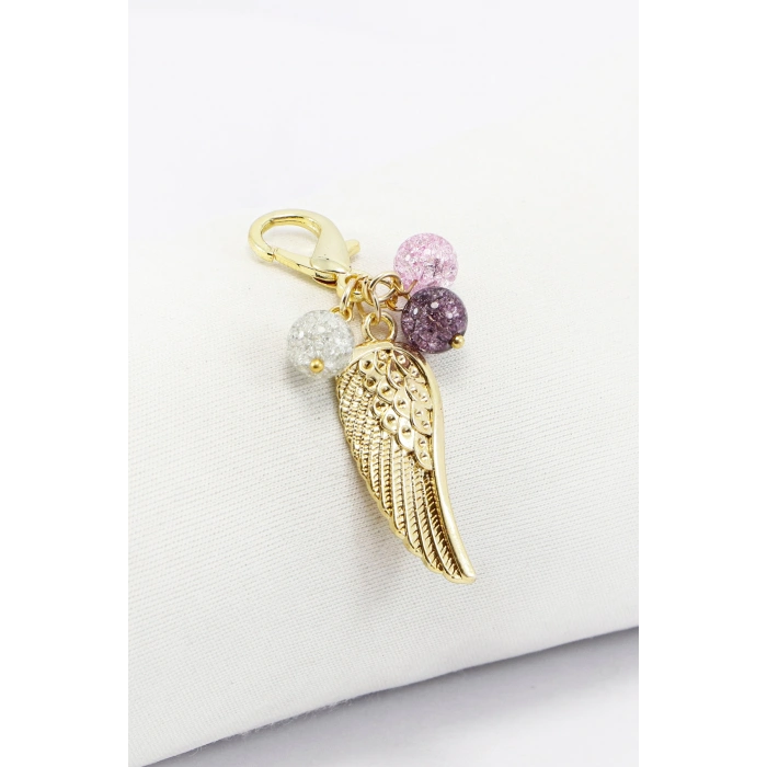 PEmbe Mor Necef Taşı Gold Renkli Metal Melek Kanadı Klipsli Cüzdan Çanta Fermuar Süsü Charm