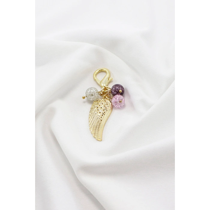PEmbe Mor Necef Taşı Gold Renkli Metal Melek Kanadı Klipsli Cüzdan Çanta Fermuar Süsü Charm