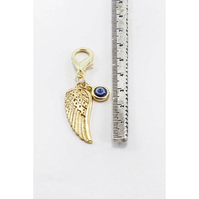 Gold Renkli Metal Büyük Melek Kanadı Nazar Boncuğu Klipsli Cüzdan Süsü Charm Çanta Süsü Anahtarlık