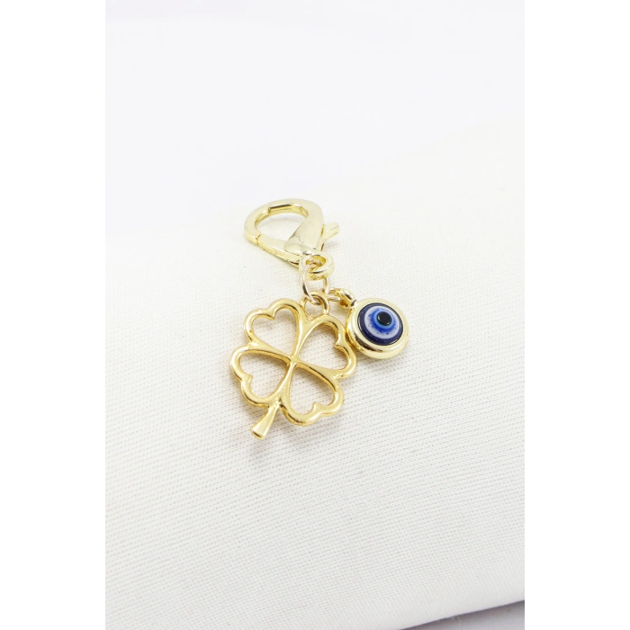 Gold Renkli Metal Ajurlu Yonca Nazar Boncuğu Klipsli Cüzdan Süsü Charm Çanta Süsü Anahtarlık