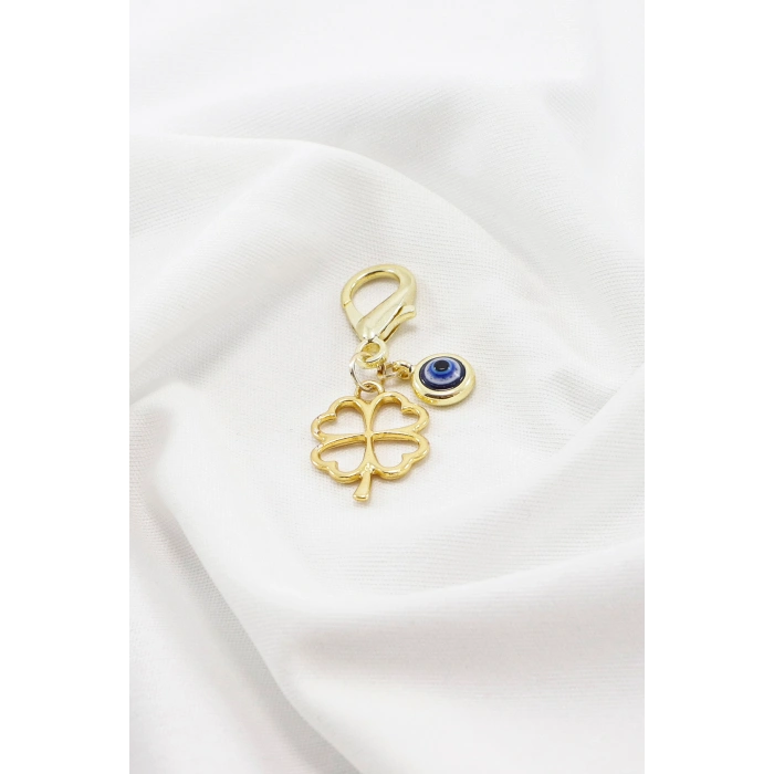 Gold Renkli Metal Ajurlu Yonca Nazar Boncuğu Klipsli Cüzdan Süsü Charm Çanta Süsü Anahtarlık