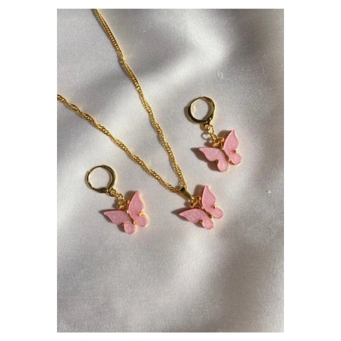 Pembe Kelebek Kolye Küpe Seti