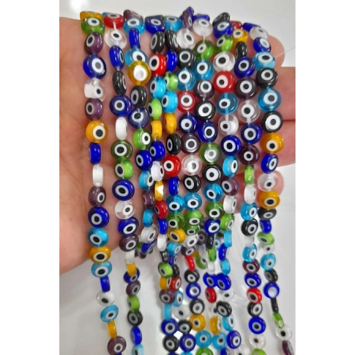 8 Mm Karışık Renkli Yassı Cam Nazar Boncuğu Dizisi