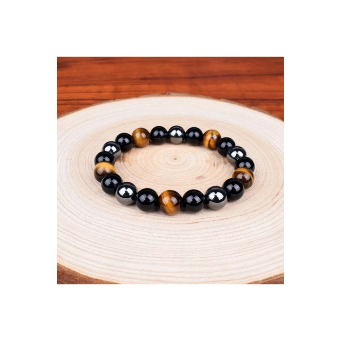 Sertifikalı Obsidyen & Kaplan Gözü & Hematit Doğal Taş Bileklik 8mm