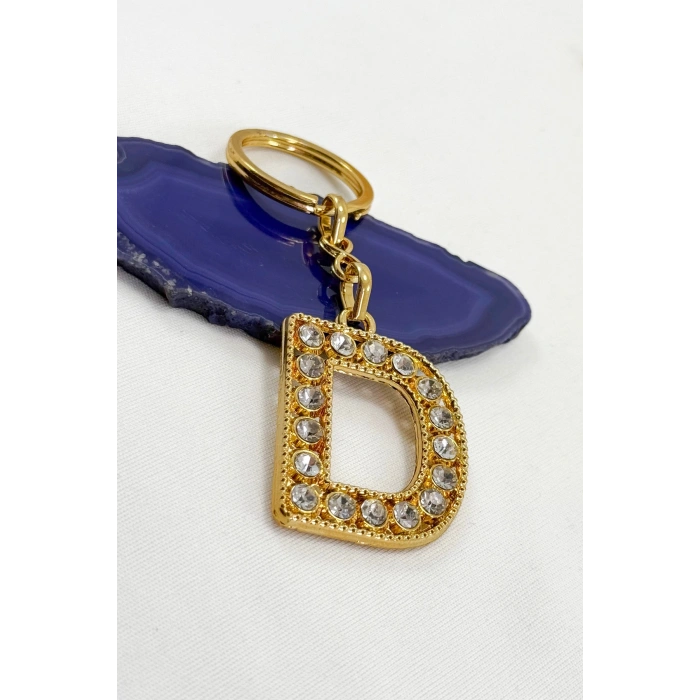 Gold Renkli Parlak Taşlı D Harfi Anahtarlık, Hediyelik Harfli Anahtarlıkj