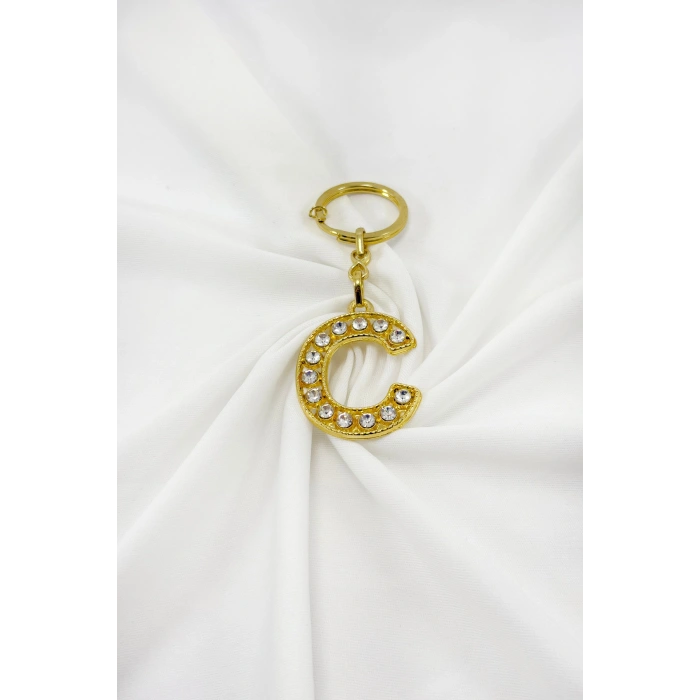 Gold Renkli Parlak Taşlı C Harfi Anahtarlık, Hediyelik Harfli Anahtarlık