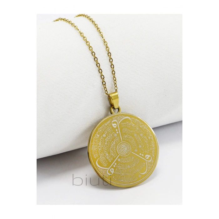 Gold Renkli Çelik Kolye Lazer Kazıma Ön Yüzde Allah Lafzı Ayetel Kürsi Arkada Felak Nas İhlas