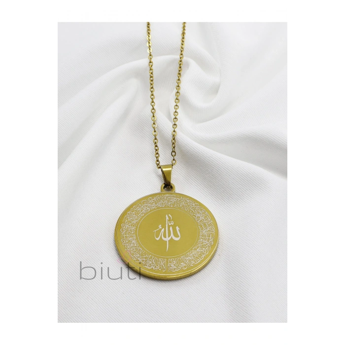 Gold Renkli Çelik Kolye Lazer Kazıma Ön Yüzde Allah Lafzı Ayetel Kürsi Arkada Felak Nas İhlas