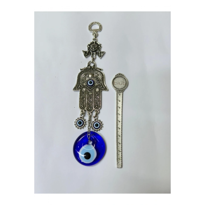 Metal Nikel Kaplama El Yapımı Cam Nazar Boncuklu İkili Salkım Hamse Eli Duvar Süsü