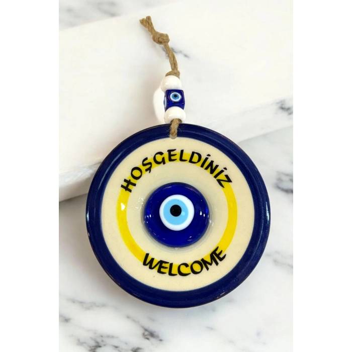 Nazar Boncuklu Seramik Hoşgeldiniz, Welcome Yazılı Hediyelik Dekor, Duvar Süsü