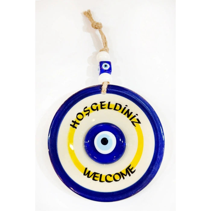 Nazar Boncuklu Seramik Hoşgeldiniz, Welcome Yazılı Hediyelik Dekor, Duvar Süsü