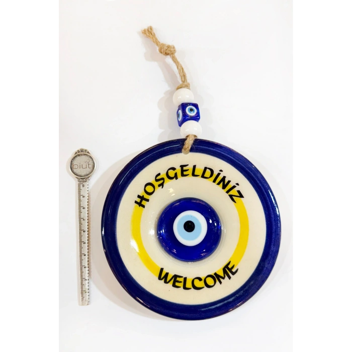 Nazar Boncuklu Seramik Hoşgeldiniz, Welcome Yazılı Hediyelik Dekor, Duvar Süsü