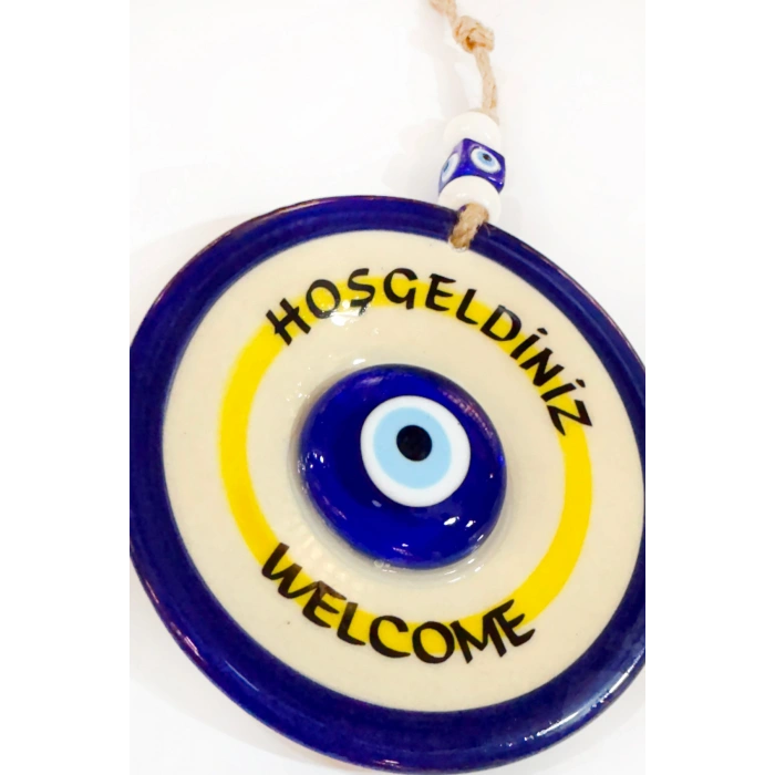 Nazar Boncuklu Seramik Hoşgeldiniz, Welcome Yazılı Hediyelik Dekor, Duvar Süsü