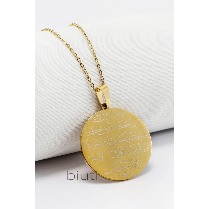 Gold Çift Taraflı Çelik Kolye Ayetel Kürsi Arka Yüzünde Nazar Ayeti Yazılı Kolye Plaka 3,5cm