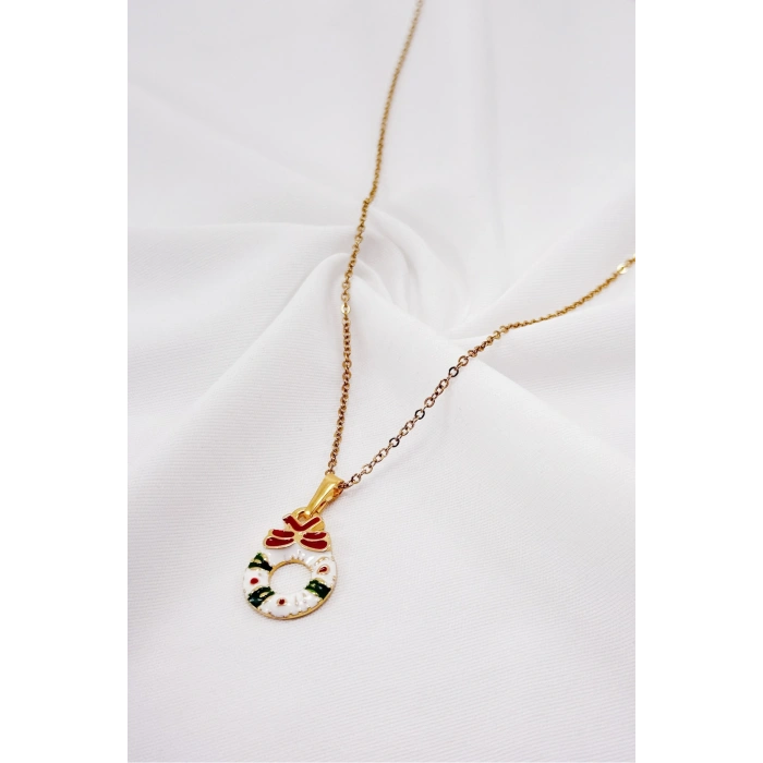 Yeni Yıl Christmas Gold Renkli Çelik Zincirli Kolye, Hediyelik Yılbaşı Kolye