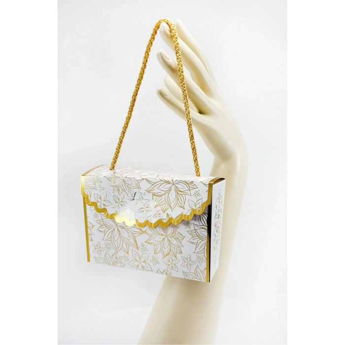 Gold Çiçekli Yaldızlı Şık İpli Mevlid, Nikah, Nişan, Baby Shower Hediyelik Kutu