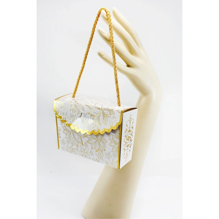 Gold Çiçekli Yaldızlı Şık İpli Mevlid, Nikah, Nişan, Baby Shower Hediyelik Kutu