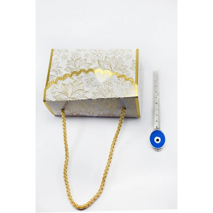 Gold Çiçekli Yaldızlı Şık İpli Mevlid, Nikah, Nişan, Baby Shower Hediyelik Kutu