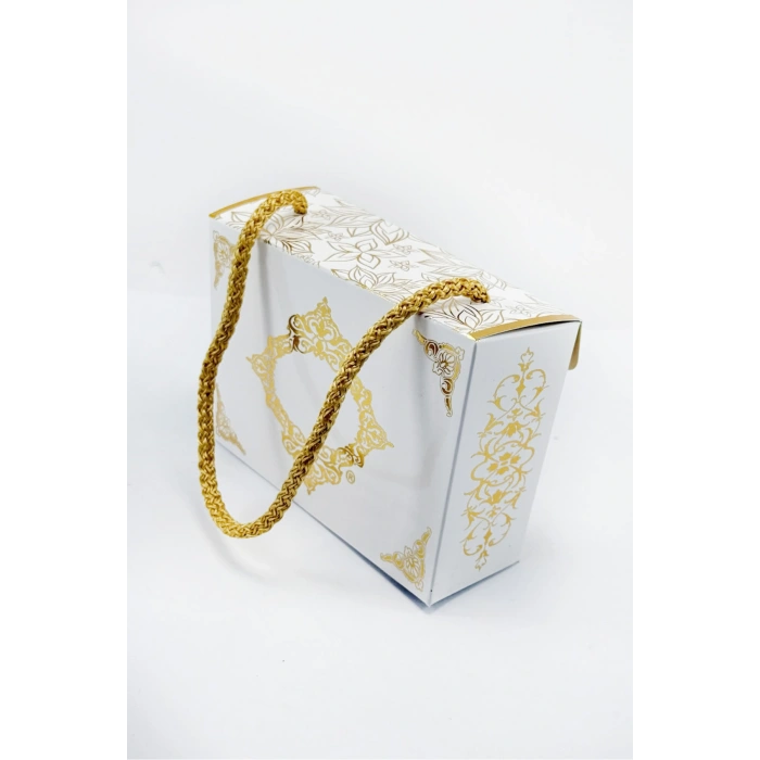 Gold Çiçekli Yaldızlı Şık İpli Mevlid, Nikah, Nişan, Baby Shower Hediyelik Kutu