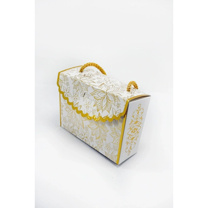 Gold Çiçekli Yaldızlı Şık İpli Mevlid, Nikah, Nişan, Baby Shower Hediyelik Kutu