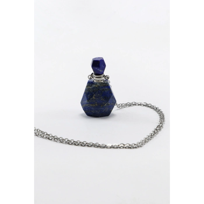 Paslanmaz Çelik Zincirli Lapis Lazuli Doğal Taşlı Parfüm Şişesi Kolye, Hediyelik Aksesuar (60 cm)