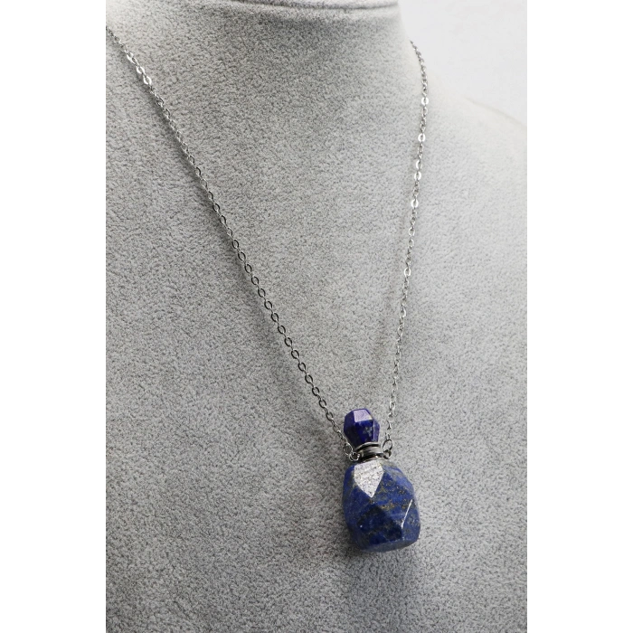 Paslanmaz Çelik Zincirli Lapis Lazuli Doğal Taşlı Parfüm Şişesi Kolye, Hediyelik Aksesuar (60 cm)