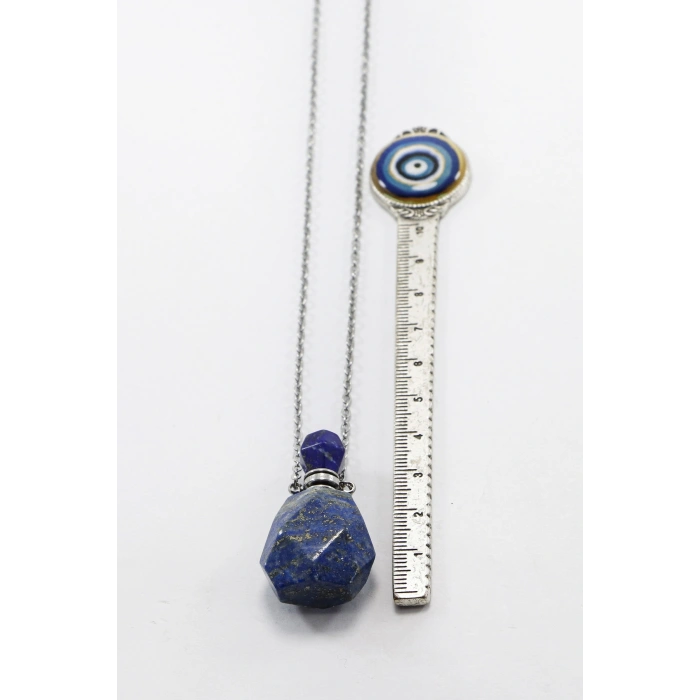 Paslanmaz Çelik Zincirli Lapis Lazuli Doğal Taşlı Parfüm Şişesi Kolye, Hediyelik Aksesuar (60 cm)