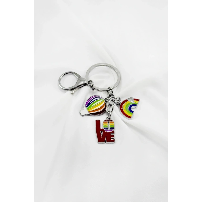 Gümüş Renk Halkalı Minyatür Rengarenk Gökkuşağı Balon Love Figürlü Anahtarlık, Hediyelik Çanta Süsü
