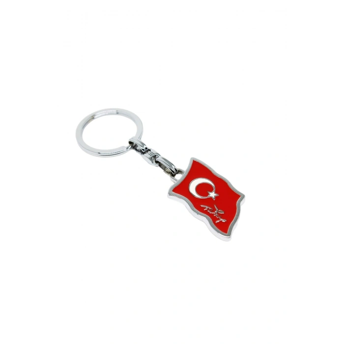 Gümüş Renk Detaylı Kırmızı Dalgalı Bayraklı Ay Yıldızlı Anahtarlık, Hediyelik Çanta Süsü