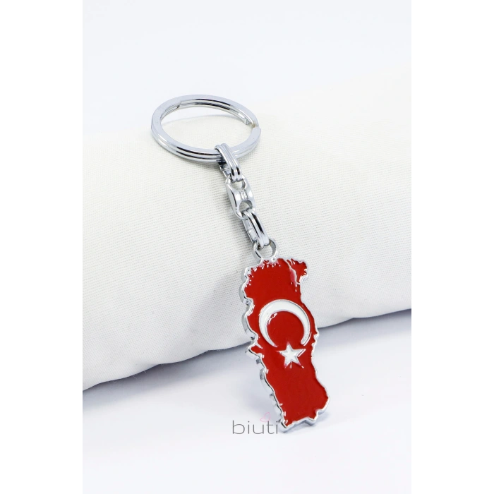 Gümüş Renk Detaylı Kırmızı Bayraklı Ay Yıldızlı Anahtarlık, Hediyelik Çanta Süsü