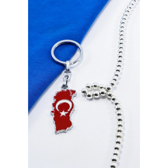 Gümüş Renk Detaylı Kırmızı Bayraklı Ay Yıldızlı Anahtarlık, Hediyelik Çanta Süsü