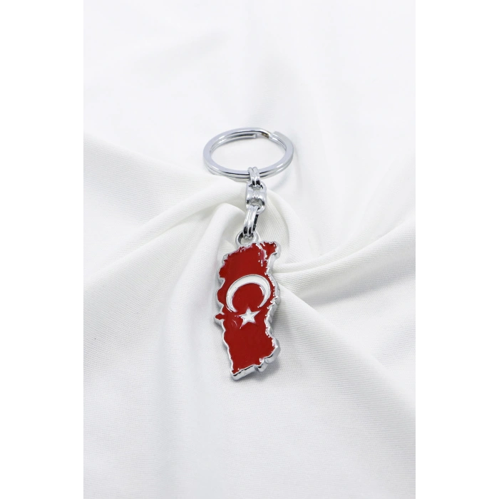 Gümüş Renk Detaylı Kırmızı Bayraklı Ay Yıldızlı Anahtarlık, Hediyelik Çanta Süsü