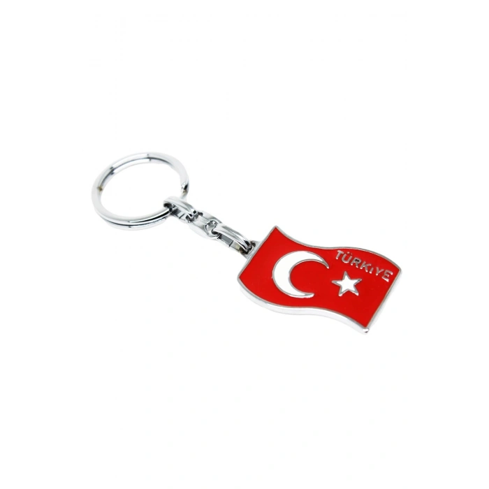 Gümüş Renk Detaylı Kırmızı Dalgalı Türkiye Bayraklı Ay Yıldızlı Anahtarlık, Hediyelik Çanta Süsü