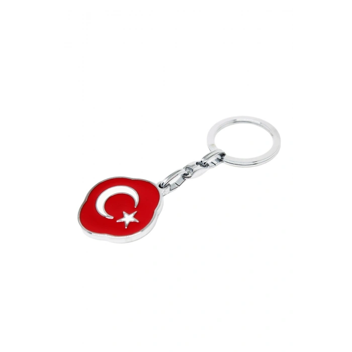 Gümüş Renk Halkalı Çiçekli Ay Yıldızlı Anahtarlık, Hediyelik Çanta Süsü
